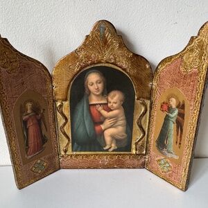 Vintage Italian Florentine Triptych  Madonna Child Raphael Gold Icon Italy
